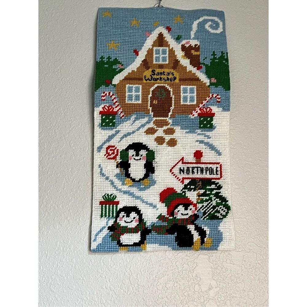 Handmade‎ Christmas needlepoint penguin snow village hanging